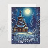 魔法のクリスマス木造の教会の雪の月の森 シーズンカード (正面/裏面)