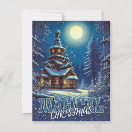 魔法のクリスマス木造の教会の雪の月の森 シーズンカード