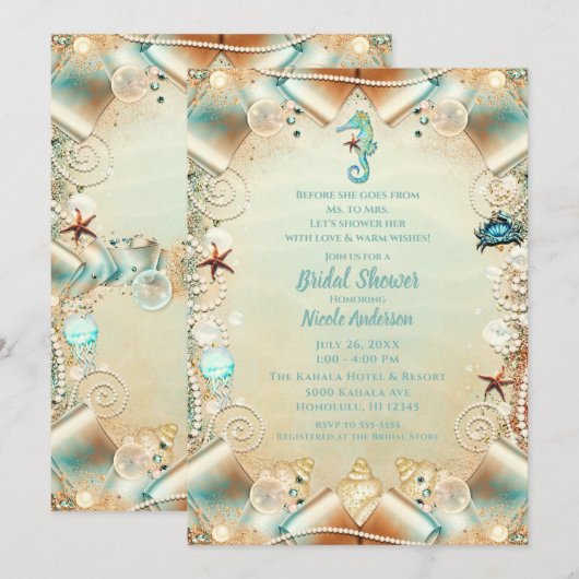 魔法のクリーム色の海の下のパールリボン ウェディング 招待状 (正面/裏面)