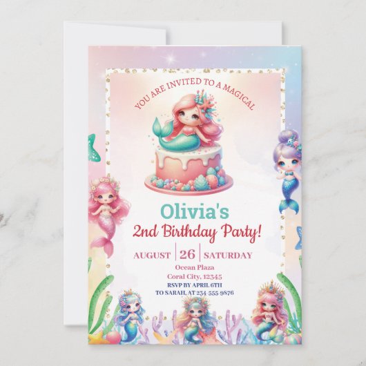 魔法のグリーンマーメイド2nd誕生日パーティーガール 招待状 (正面)