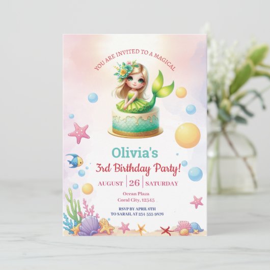 魔法のグリーンマーメイド3rd誕生日パーティー女の子 招待状 (スタンド正面)