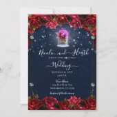 魔法のグローレッドローズシルバーネイビーブルー結婚ズ 招待状 (正面)