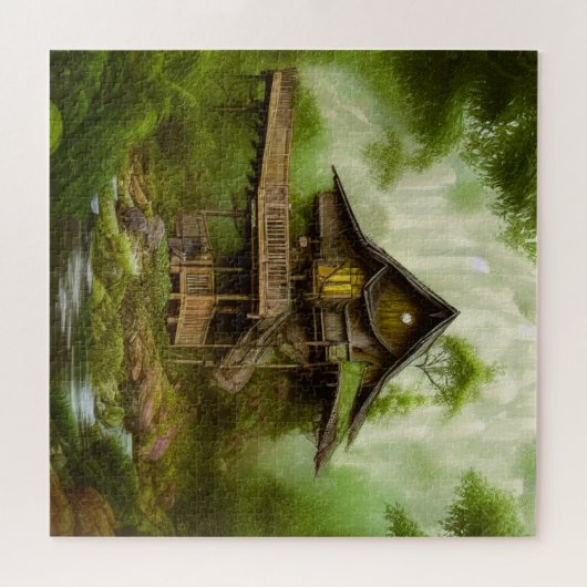 魔法のコテージハウスイングリーンシーンフォレストポス ジグソーパズル (横)