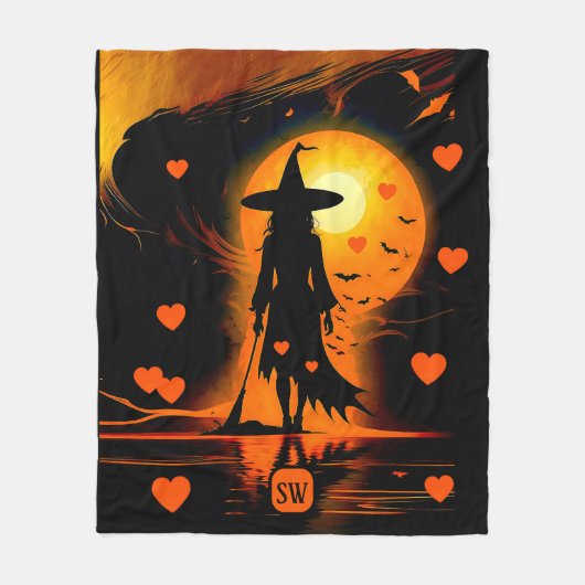 魔法のゴシックオレンジハートモノグラム魔女 フリースブランケット (正面)