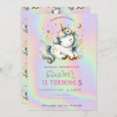 魔法のシックなユニコーンレインボーホログラフィック誕生日 招待状 (正面/裏面)