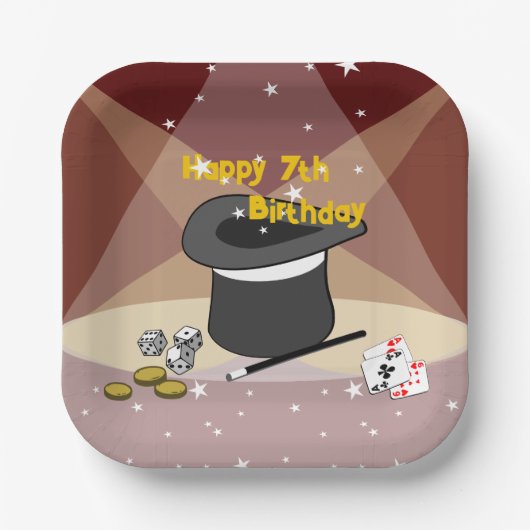 魔法のショー ハッピー7歳誕生日 キッズパーティースクエア ペーパープレート (正面)