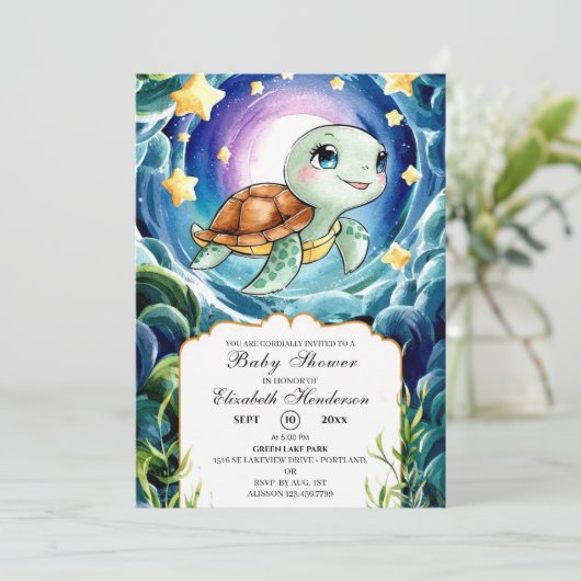 魔法のシンプルウミガメ赤ちゃんシャワー 招待状 (スタンド正面)