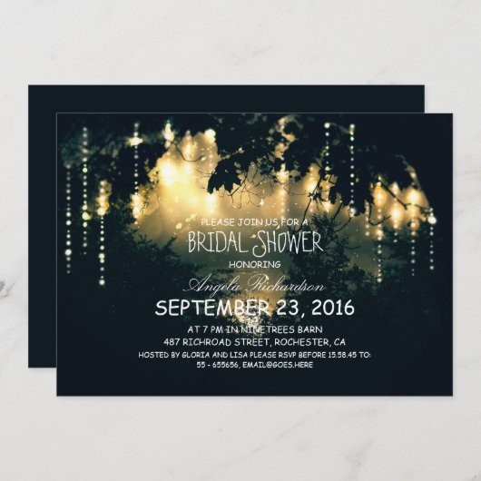 魔法のストリングライトの木のブライダルシャワー 招待状 (正面/裏面)