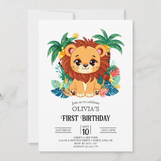 魔法のチャーミングライオン1歳誕生日デジタル 招待状 (正面)