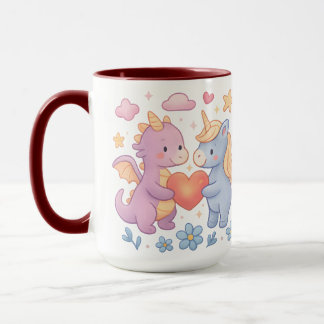 魔法のドラゴンとユニコーンのハートの陶磁器マグカップ マグカップ