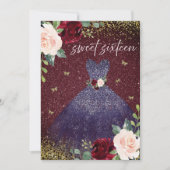 魔法のネイビードレスバーガンディーレッドフローラスウィート16 招待状 (正面)