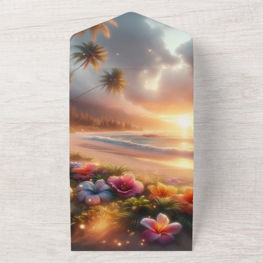 魔法のハイビスカスで魅惑された熱帯ビーチ オールインワン招待状 (外側)