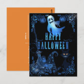 魔法のハッピーハロウィン黒猫青い光 ポストカード (正面/裏面)