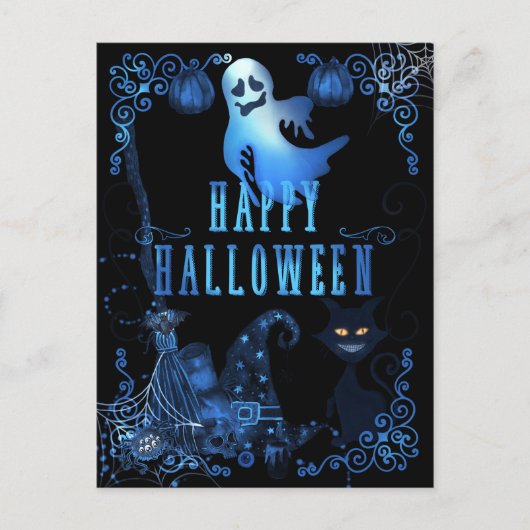 魔法のハッピーハロウィン黒猫青い光 ポストカード (正面)