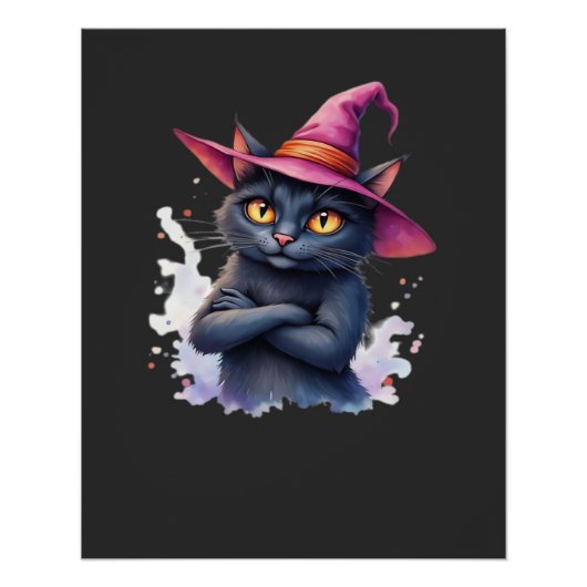 魔法のハロウィンアート 猫 魔法使い 黒猫 ポスター (正面)
