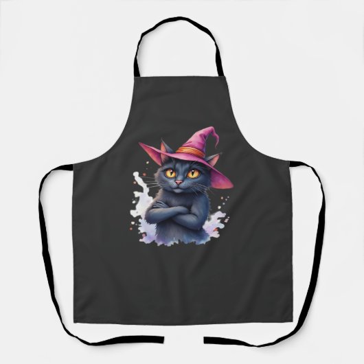 魔法のハロウィンアート「魔女の帽子をかぶったかわいい黒猫」 エプロン (正面)