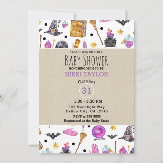魔法のハロウィーンの水の色お洒落赤ちゃんシャワー 招待状 (正面)