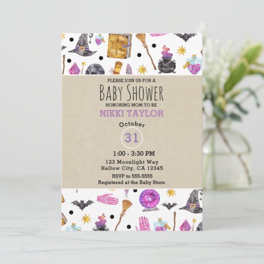 魔法のハロウィーンの水の色お洒落赤ちゃんシャワー 招待状 (スタンド正面)