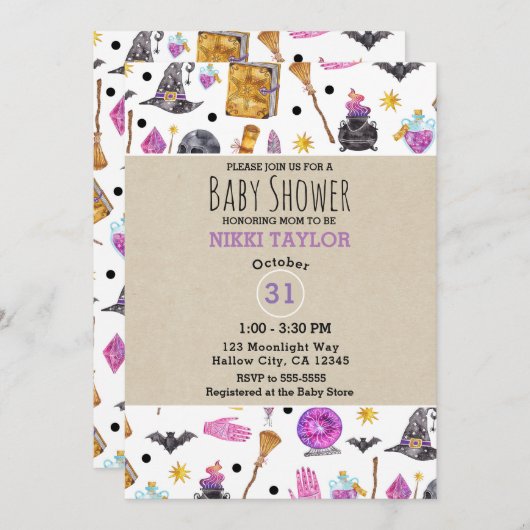 魔法のハロウィーンの水の色お洒落赤ちゃんシャワー 招待状 (正面/裏面)