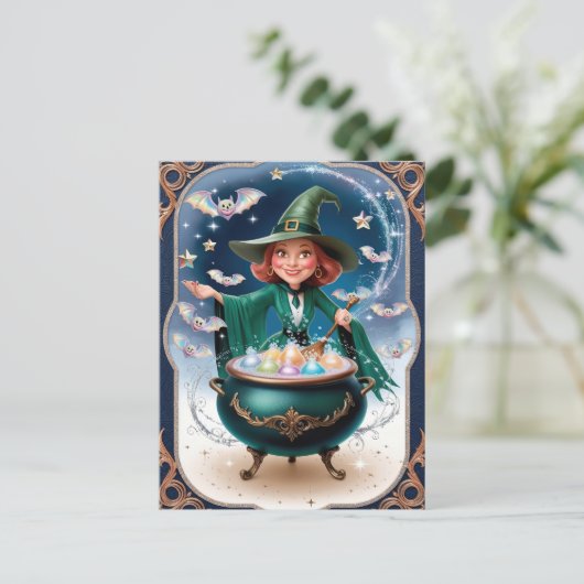 魔法のハロウィーンの魔女と大釜の魅惑 ポストカード (スタンド正面)