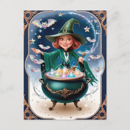 魔法のハロウィーンの魔女と大釜の魅惑 ポストカード (正面)