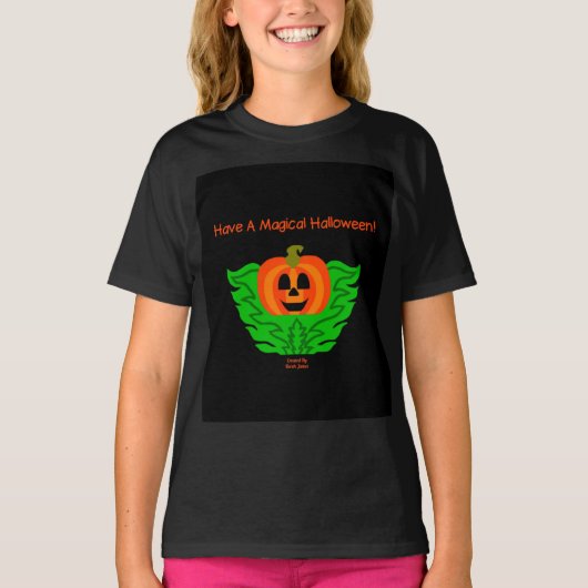 魔法のハロウィーンカボチャ女の子ブラックTシャツ Tシャツ (正面)