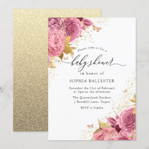 魔法のバラピンクゴールドフラワーベビーシャワー 招待状