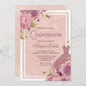 魔法のバラ色のドレスと花のキンセアネラ 招待状 (正面/裏面)