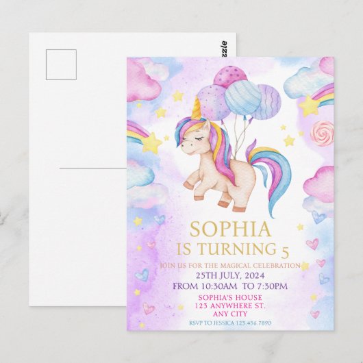 魔法のパステルユニコーンレインボー誕生日パーティー ポストカード (正面/裏面)