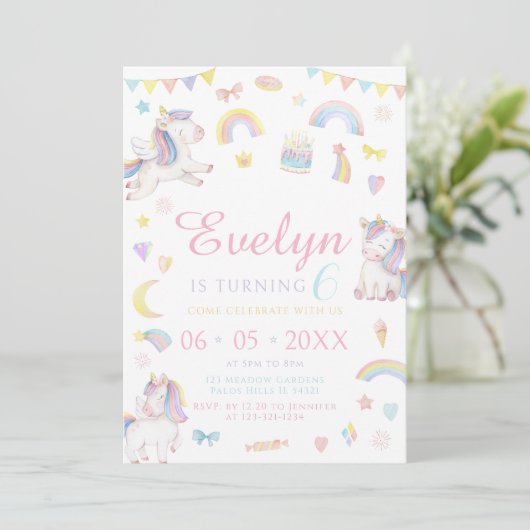 魔法のパステルユニコーン虹の誕生日の女の子 招待状 (スタンド正面)