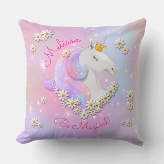 魔法のピンクと薄紫の一角花と星 クッション (正面)