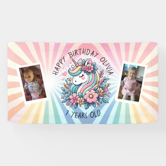 魔法のピンクと金ゴールドユニコーンと花の誕生日 横断幕 (横)