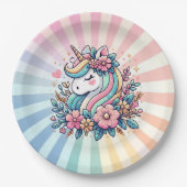 魔法のピンクと金ゴールドユニコーンと花 ペーパープレート (正面)