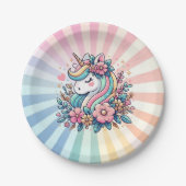 魔法のピンクと金ゴールドユニコーンと花 ペーパープレート (正面)
