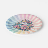 魔法のピンクと金ゴールドユニコーンと花 ペーパープレート (アングル)