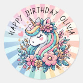 魔法のピンクと金ゴールドユニコーンと花 ラウンドシール (正面)