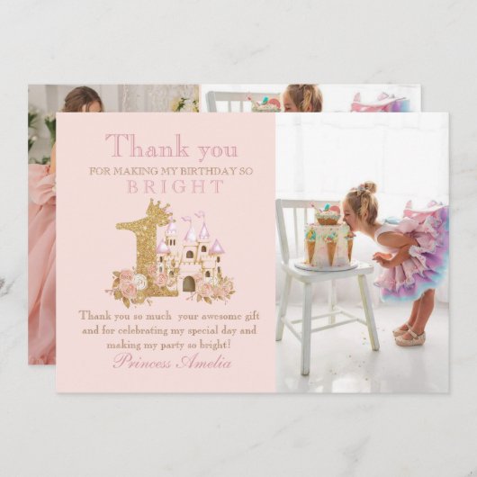魔法のピンクのお城 キングダム バースデー サンキューカード (正面/裏面)