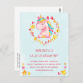 魔法のピンクのユニコーン誕生日パーティーの招待状 ポストカード (正面/裏面)