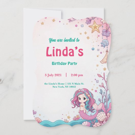 魔法のピンクの人魚の誕生日パーティーの招待 (正面)