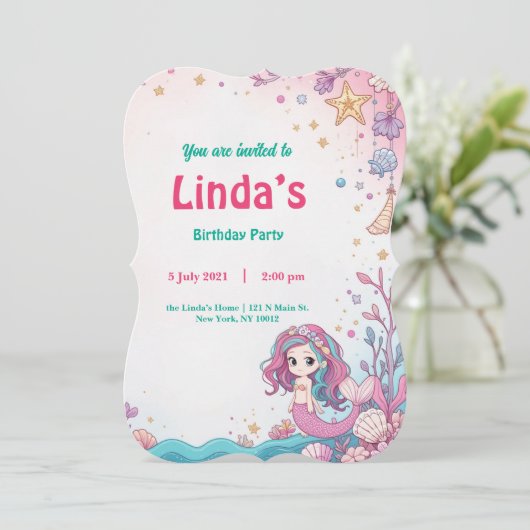 魔法のピンクの人魚の誕生日パーティーの招待 (スタンド正面)