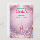 魔法のピンクの人魚パーティー誕生日招待状 招待状 (正面)
