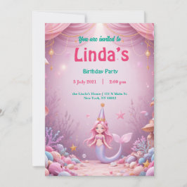 魔法のピンクの人魚パーティー誕生日招待状 招待状