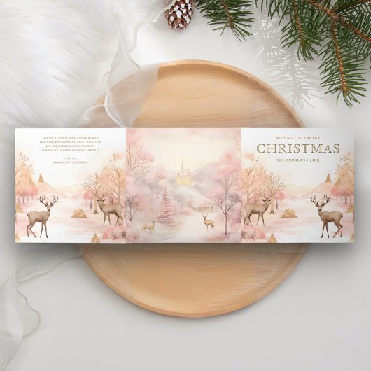 魔法のピンクの冬のワンダーランド4写真クリスマス 三つ折りクリスマスカード