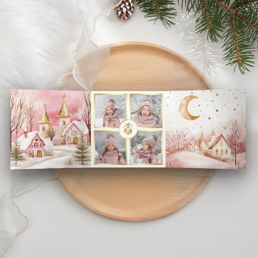 魔法のピンクの冬のワンダーランド4写真クリスマス 三つ折りクリスマスカード