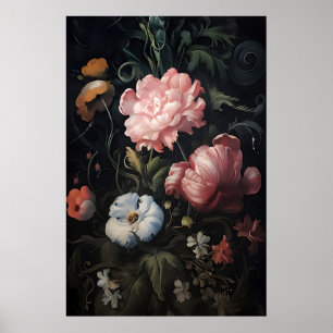 魔法のピンクの花の庭のプリント、植物学的なダーク ポスター