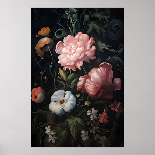 魔法のピンクの花の庭のプリント、植物学的なダーク ポスター (正面)