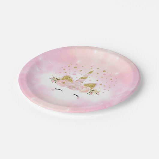 魔法のピンクはユニコーンの銀河系の女の子の誕生日を曇らせます ペーパープレート (アングル)