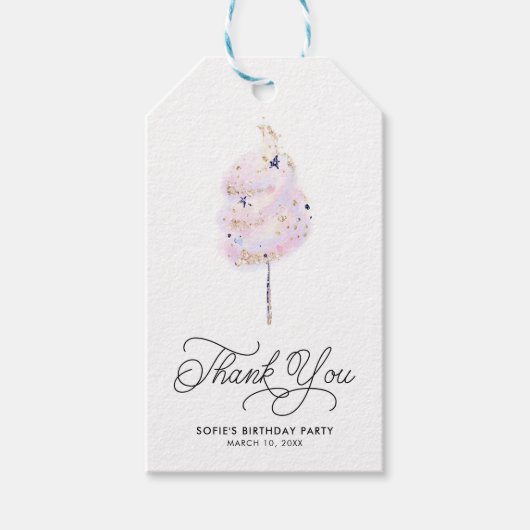 魔法のピンクコットンキャンディとグリッターありがとう ギフトタグ (正面)