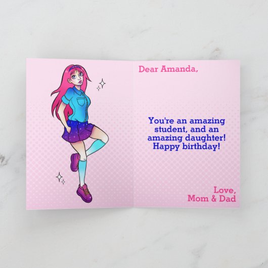 魔法のピンクスパークルスクールガール14誕生日 カード (内部)