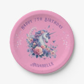 魔法のピンクパープルのユニコーン女子の誕生日 ペーパープレート (正面)